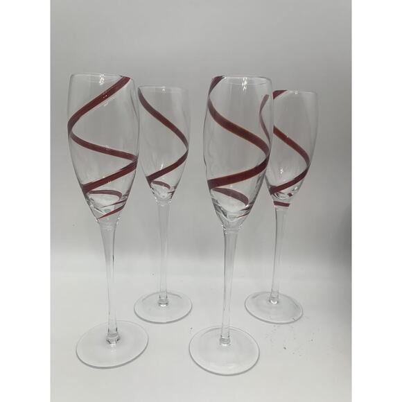 Pier 1 Swirline RED Champagne Flute Glasses 10” Hand Blown Set of 4 - Picture 1 of 5